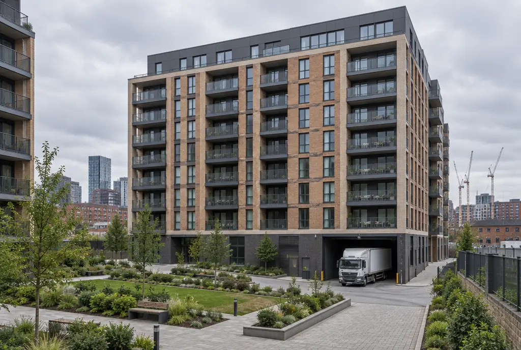 A nine-storey brick and glass Build to Rent apartment block under overcast sky, with a delivery lorry at the ground-floor loading bay.
