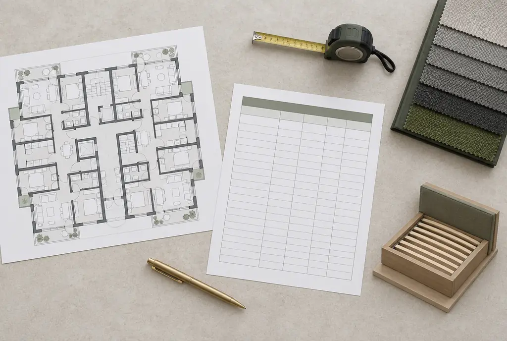 Overhead view of a project desk with a printed apartment floor plan, a blank schedule table, a tape measure, fabric swatches and a brass pen.