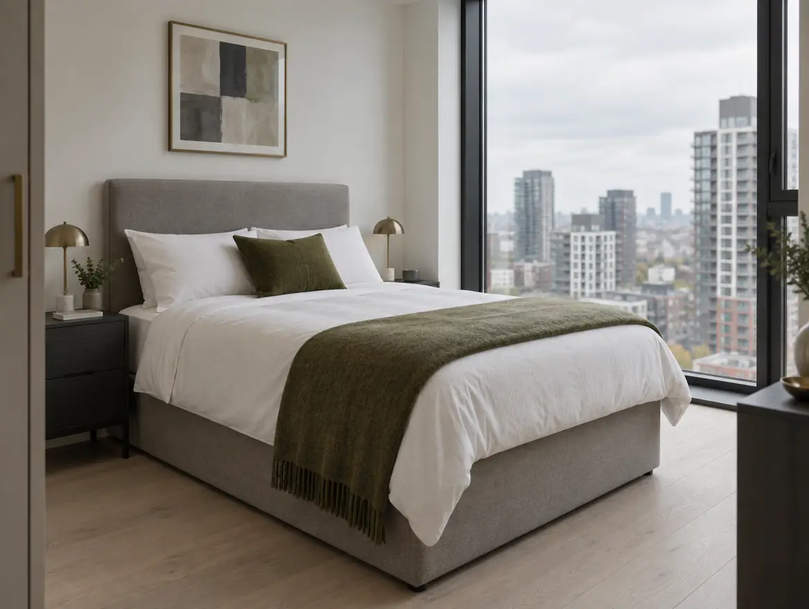 A finished bedroom in a new Build to Rent apartment: a made-up double divan bed with an upholstered headboard beside a full-height window looking over new-build residential towers.