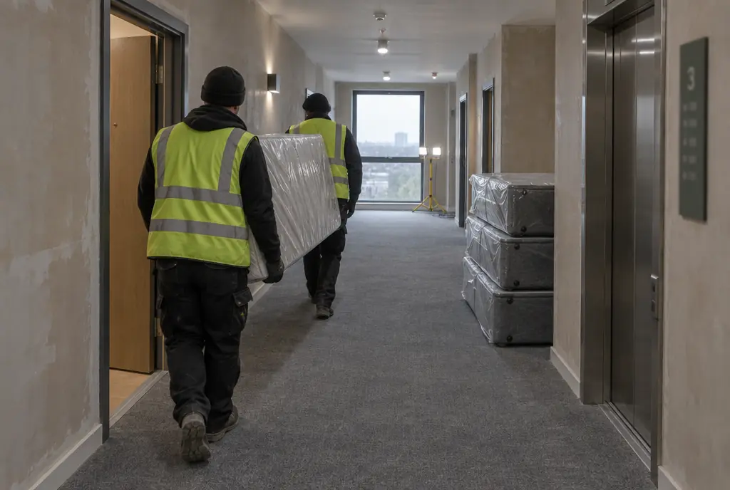 Two installers in hi-vis carry a wrapped mattress along the corridor of a new apartment block, with wrapped divan bases stacked by the service lift.