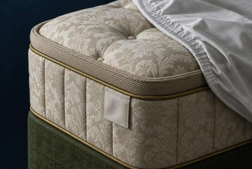 Close-up of a contract mattress corner showing the tape edge, tufted damask cover, sewn-in fire label and a fitted protector peeled back.