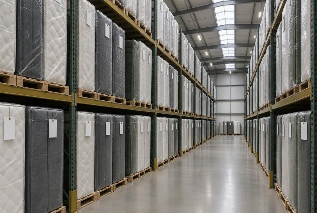 Rows of identical wrapped mattresses and divan bases stored upright on pallet racking in a clean warehouse aisle.